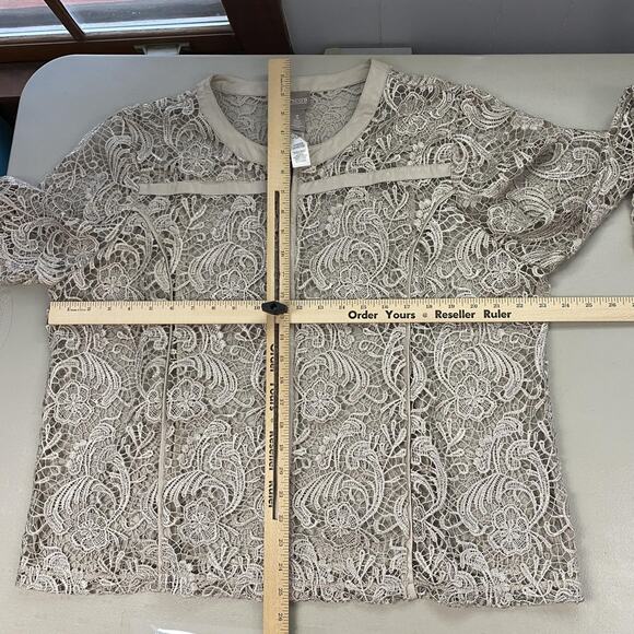 Chicos Open Lace Jacket Cardigan Size 3 Beige Tan Sheer Crochet Lace Dressy XL - Picture 9 of 13